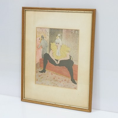 Antique Oriental Silk Embroidery of Stags and a Print of a Henri Toulouse-Lautrec Artwork
