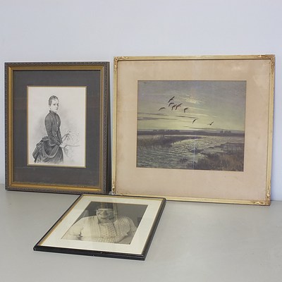 Assortment of Framed Vernon Ward Prints, Peter Scott Print, Graphite Portrait and Framed Photograph - Lot of 7
