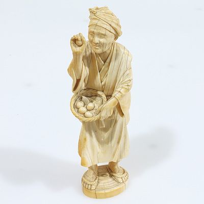 Antique Japanese Ivory Figure with Basket, Meiji Period