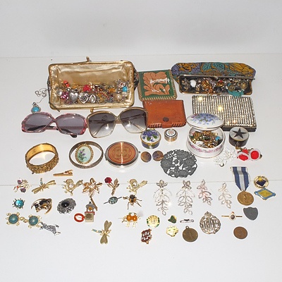 Assortment of Dress Jewellery, Earrings, Brooches, Sun Glasses, Badges, Boxes and Purses