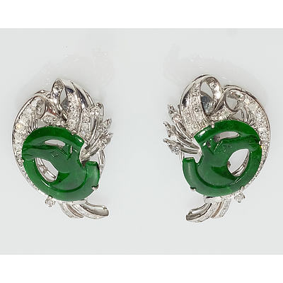 Chinese 18 Carat White Gold Diamond and Jadeite Clip On Earrings