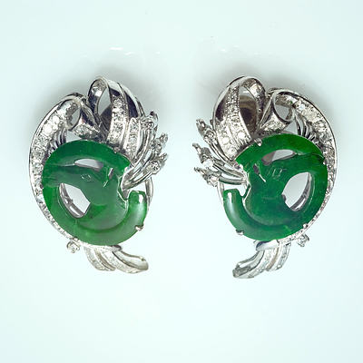 Chinese 18 Carat White Gold Diamond and Jadeite Clip On Earrings