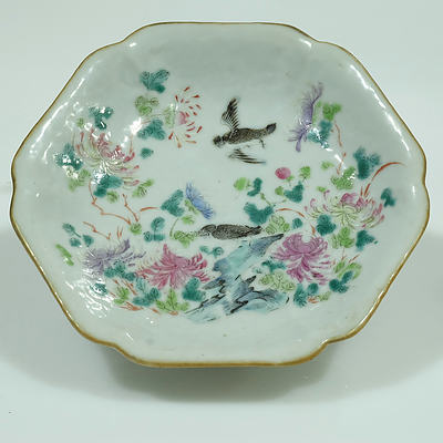 Antique Chinese Famille Rose Footed Dish Decorated with Birds and Flowers