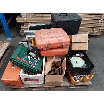 Pallet of Old electrical tools and shed hardware