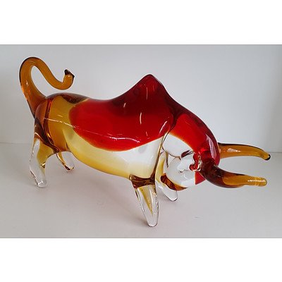 Glass Figurine Red & Orange Bull