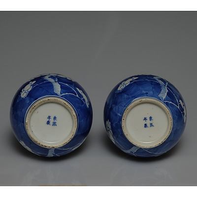 Pair of Antique Chinese Blue and White Prunus Bottle Vases Kangxi Mark