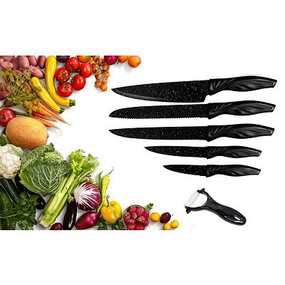 6 Pcs Stone Coated Stainless Steel Black Knife Set - RRP $39.95 - Brand New