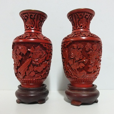 Pair of Chinese Cinnabar Vases