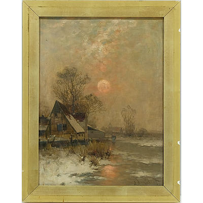 Johann Jungblut (German 1860-1912) Winter Scene Circa 1900 Oil on Panel