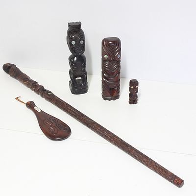 Vintage New Zealand Tiki Souvenir Carvings, Including Hand Club and Stick
