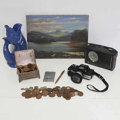 Oil on Canvas, Minolta 110 Zoom SLR, Australian Pennies and Half Pennies, Plymouth Gin Ceramic