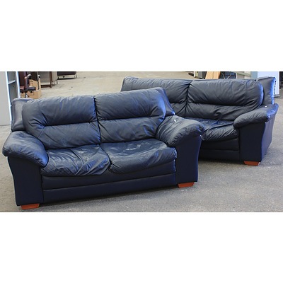 2½ & 2 Seater Navy Leather Lounge Setting