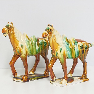 Pair of Ceramic Horses with Chinese Tang Dynasty Decorations