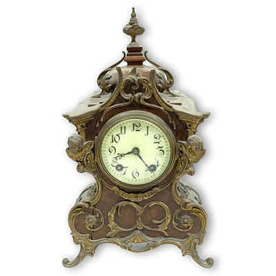 Antique Louis Style Ormolu Mounted Walnut Chiming Mantle Clock Circa 1900