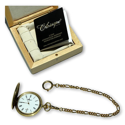 Solid 18K Gold Case Classique Quartz Date Fob Watch with Gold Plated Chain