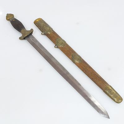 Antique Chinese Short Sword With Engraved Brass Mounts with Fu and Bat Motifs