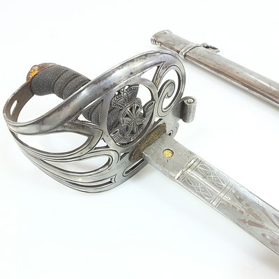 British Rifle Officer's Ceremonial Sword with Etched Decoration, Pierced Hilt and Shark Skin Style and Wire Wrapped Handle