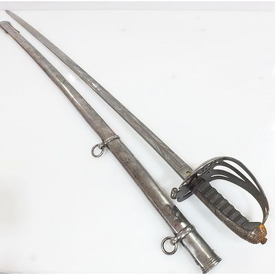 British Rifle Officer's Ceremonial Sword with Etched Decoration, Pierced Hilt and Shark Skin Style and Wire Wrapped Handle