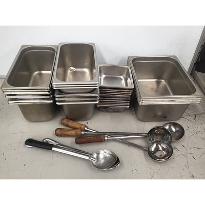 Lot of Stainless Steel Kitchen Utensils and Bain Marie Trays