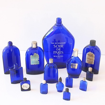 Collection of Coloured Glass Bottles, Including Soir De Paris
