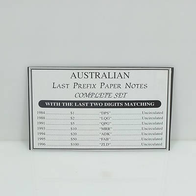 Australian Uncirculated Banknote Set, Last Prefix Paper Notes Compete Set