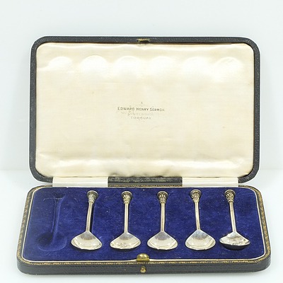 Five English Sterling Silver Seal Top Demitasse Spoons