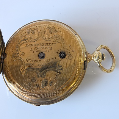 Antique Slim Gold Pocket Watch with Silver Dial and Ornate Enamel Crinoline Lady