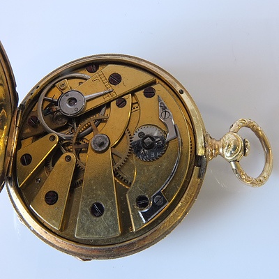 Antique Slim Gold Pocket Watch with Silver Dial and Ornate Enamel Crinoline Lady