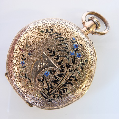 Swiss Remontoir 10 Rubis Open Face Hunter Pocket Watch with 14K Gold Case and Enamel Decoration