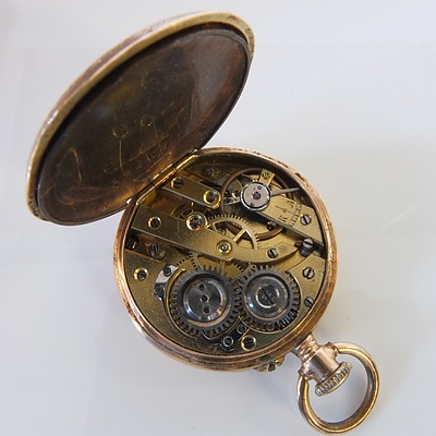 Swiss Remontoir 10 Rubis Open Face Hunter Pocket Watch with 14K Gold Case and Enamel Decoration