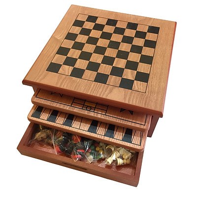 10 in 1 Wooden Chess Board Games Slide Out Best Checkers House Unit Set RRP $84.95 - Brand New