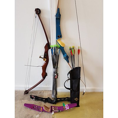 Lot of Archery Equipment including Bows, Arrows, Quiver, and more