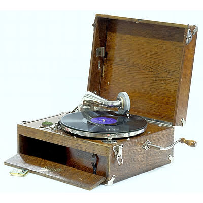 Dulcette Oak and Nickel Plated Portable Gramophone Early 20th Century