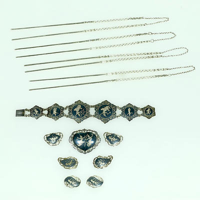 Siam Sterling Silver and Niello Jewellery and Chinese Silver Chopsticks