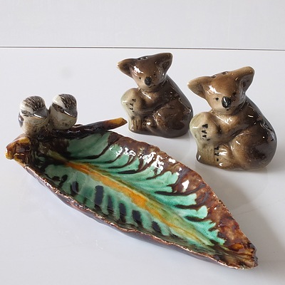 Collection of Australian Ceramics, Including a Grace Seccombe Dish with Two Kookaburras Perched on a Leaf