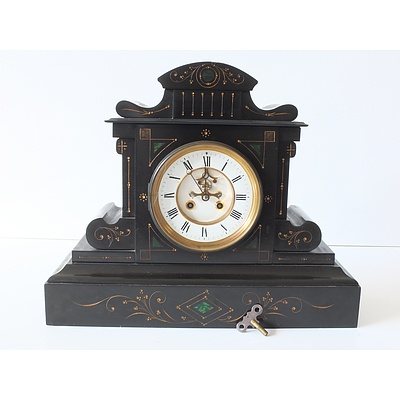 Slate Mantle Clock with Inlaid Malachite and Carved Floral Motifs