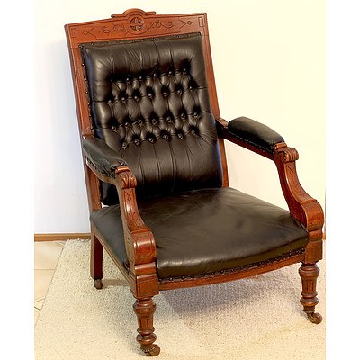 Good Pair Late Victorian Mahogany Salon Chairs with Black Buttoned Leather Upholstery
