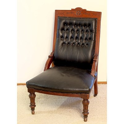 Good Pair Late Victorian Mahogany Salon Chairs with Black Buttoned Leather Upholstery