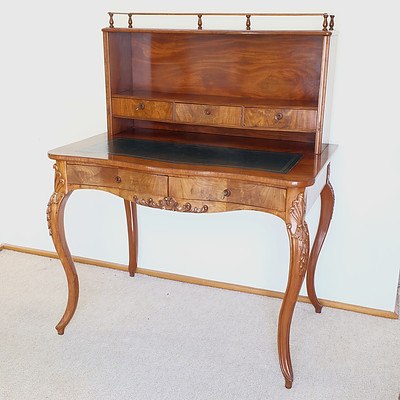 Antique French Louis Style Flame Mahogany Writing Bureau with Gold Tooled Leather Inlay Circa 1890