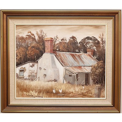 Peter J Hill (1937-) Bush Hut with Chickens Oil on Canvas
