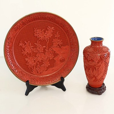 Chinese Cinnabar Dish and Vase