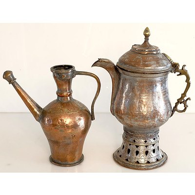 Persian Tinned Copper and Brass Coffee Samovar and Ewer
