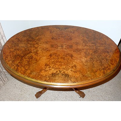 Victorian Burr Walnut Oval Loo Table with Bird Cage Base