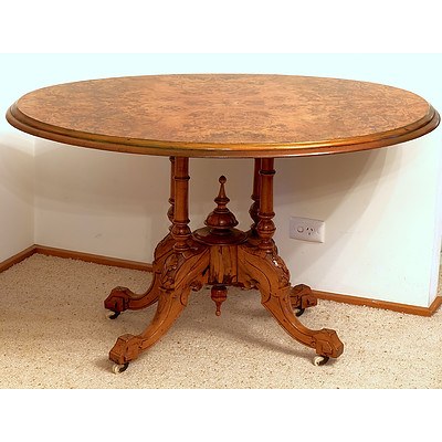 Victorian Burr Walnut Oval Loo Table with Bird Cage Base