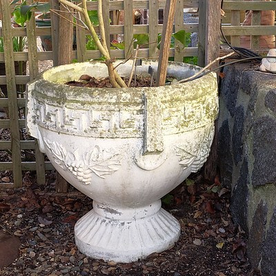 Pair of Massive Vintage Greco Roman Style Concrete Garden Urns with Gardenia and Camellia