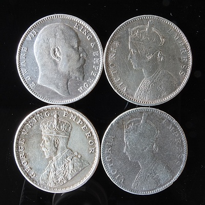 Four Indian One Rupee Coins, 1877, 1885, 1906 and 1916
