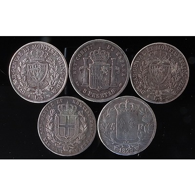 Five Coins From Italy, Spain and France From 1824, 1824, 1829, 1878, 1888