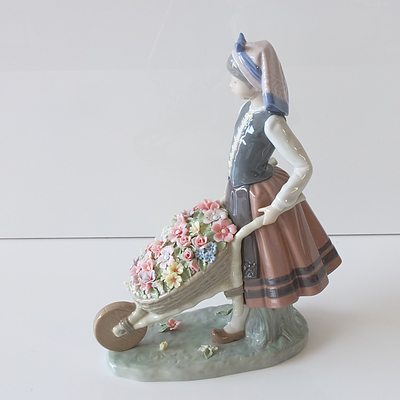 Lladro Figure of a Woman Pushing a Wheelbarrow