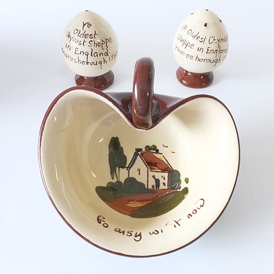 Vintage Torquay Pottery Motto Ware Handled Jam Dish and Salt and Pepper Set