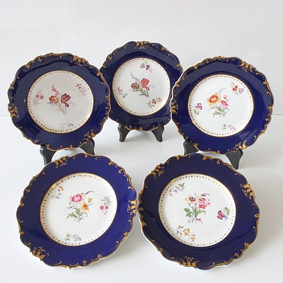 Five C & W K Harvey Hand Painted Floral and Gilt Porcelain Plates Circa 1835-53